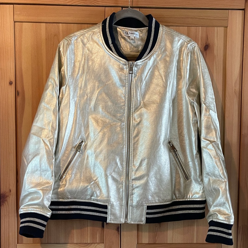 EUC Neiman Marcus pleather varsity track jacket